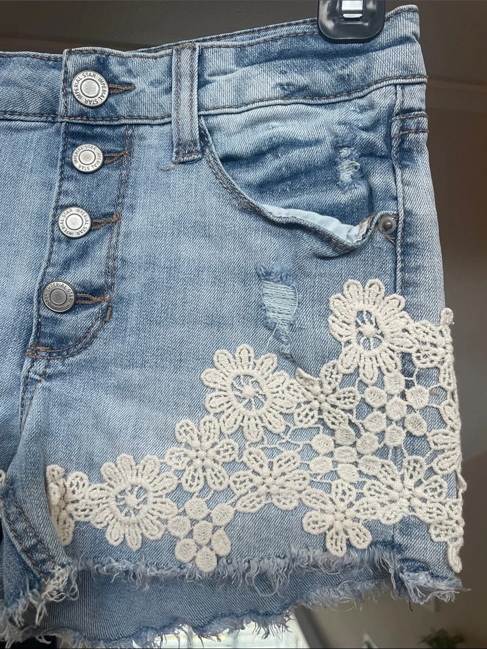 Imperial Star Light Blue Denim Shorts with Ivory Lace